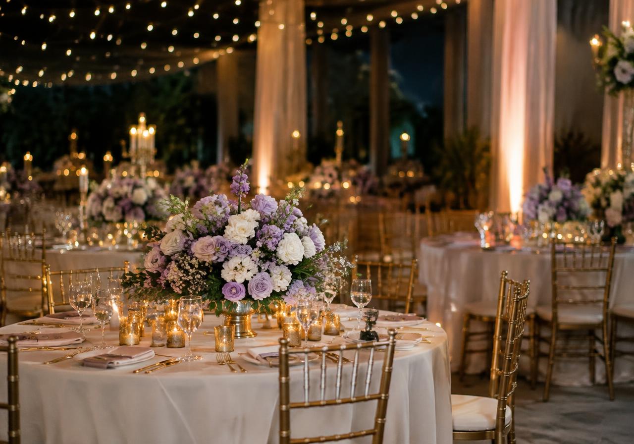 Sample image: reception styled with lavender florals, gold chairs and candlelight