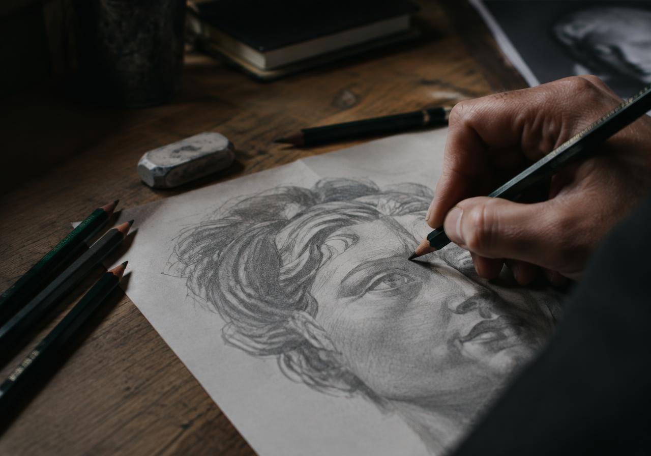Behind the scenes: an artist's hand shading a pencil portrait at a wooden desk